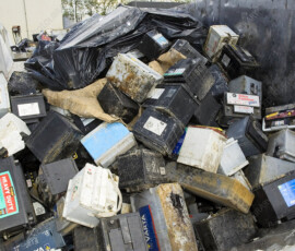 ^BRecycling car batteries.^b Skip containing car batteries recovered from scrapped cars at a metal recycling centre. The car batteries contain toxic heavy metals such as lead, and need to be recycled and disposed of carefully to avoid contaminating the environment. Car batteries are used to store electrical power used to start a car engine. While the engine is running it is used to recharge the battery, but eventually the battery wears out and needs to be replaced.